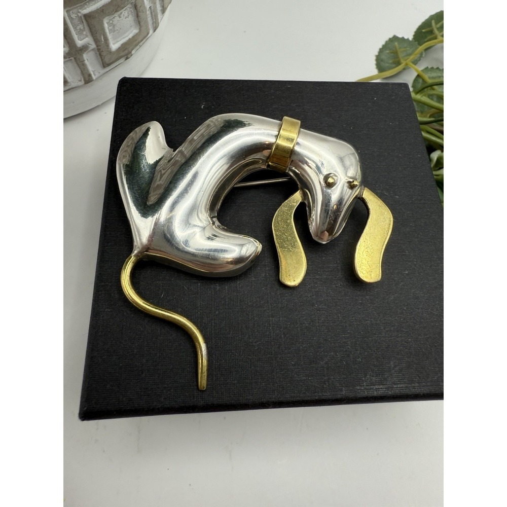 Vintage Taxco Mexico 925 Sterling & Brass Dog Brooch – Modernist Signed TM-104 - Picture 4 of 12